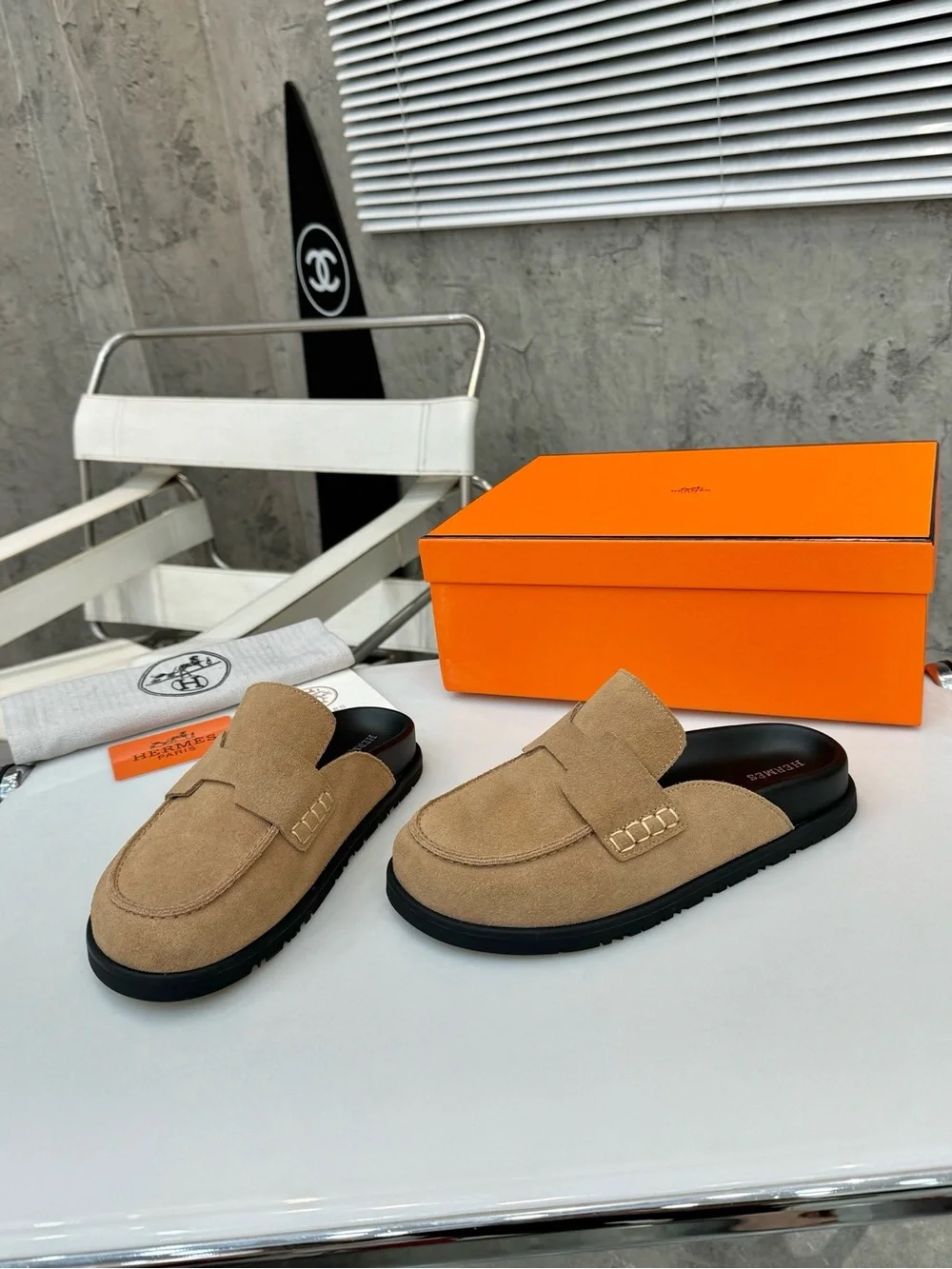 Hermes Men’s Beige Suede Slip-On Loafers with Black Insoles
